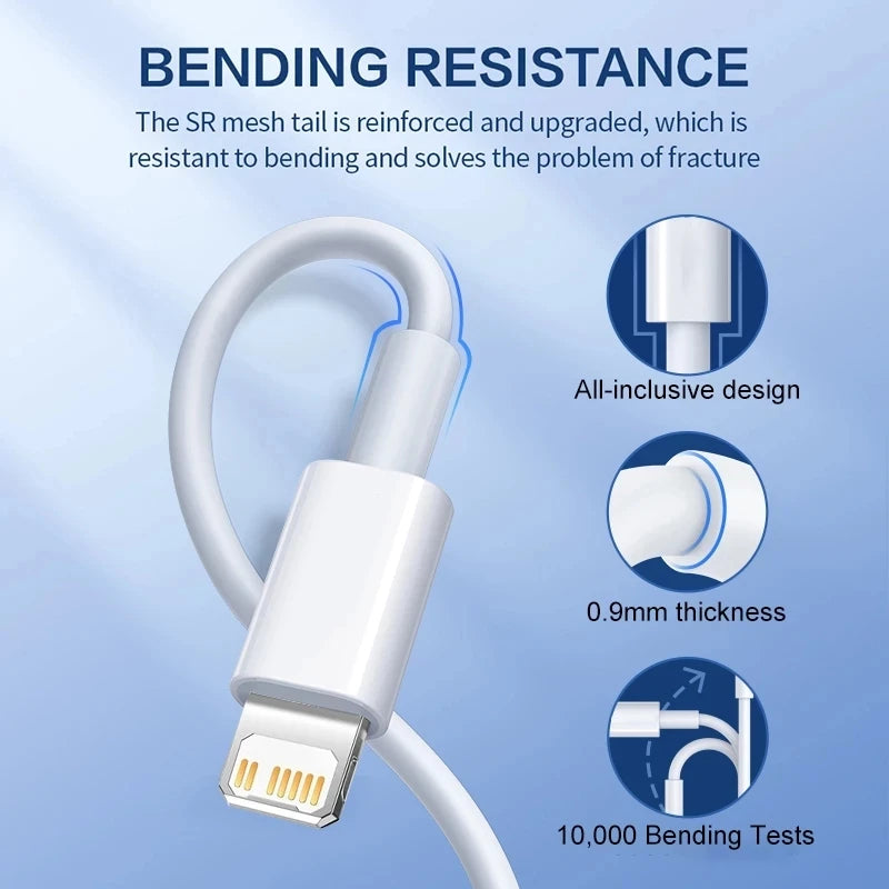 Cabo USB para iPhone 14, 13, 12, 11 Pro Max, Mini 6, 7, 8 Plus, XS, XR, SE, iPad, 20 W,