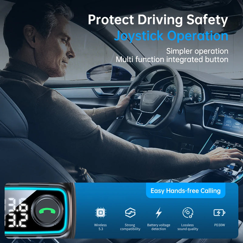 Carregador de carro Bluetooth 5.3 Transmissor FM 30W USB C Adaptador de carro Rádio sem fio MP3 Player Receptor de áudio de música Chamadas viva-voz