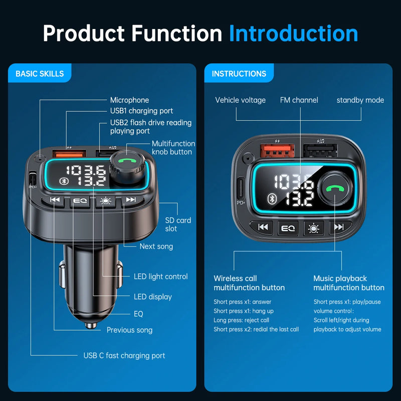Carregador de carro Bluetooth 5.3 Transmissor FM 30W USB C Adaptador de carro Rádio sem fio MP3 Player Receptor de áudio de música Chamadas viva-voz