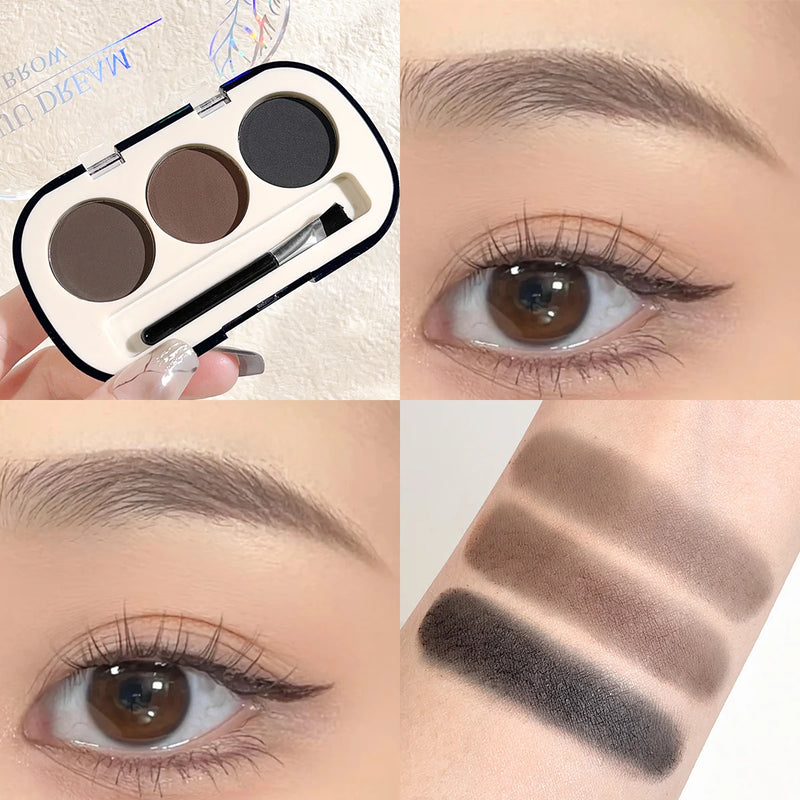 Paleta de pó para sobrancelhas de 3 cores com pincel para sobrancelhas, à prova d'água e suor, pó para sobrancelhas de cor natural de longa duração
